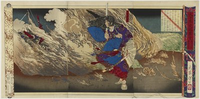 Imperador Keiko, 1880 (tríptico impresso em xilogravura a cores) de Tsukioka Yoshitoshi
